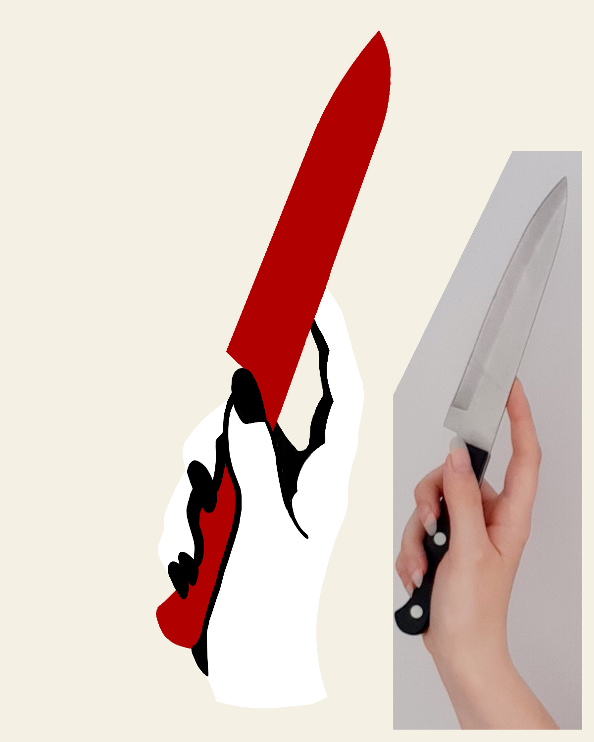 Stylized hand holding a knife, in black, white and red